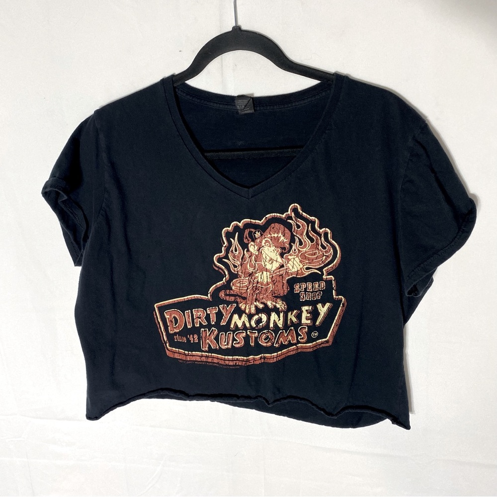 5/$25 Anvil Black Orange Dirty Monkey Customs Cropped V Neck T Shirt XL